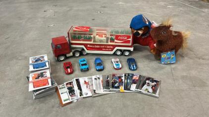 (1) Vintage Buddy L Coca-Cola Delivery Truck (2) Stuff Animals (5) Hot Wheels Cars & Stack Of Sports Cards