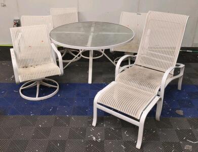 (White) Glass Top Patio Table w/ (1) Patio Lounge Chair, (1) Patio Ottoman, (4) Swivel Patio Chairs