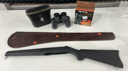 (1)Baylor 7X-15X45 Binocular (1)Ruger 10-22 Stock (1) 32.5in Leather Rifle Case (1)Travel Gun Cleaning Kit