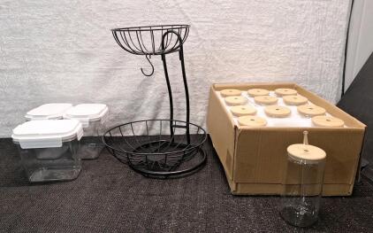 (1) 3-Piece Food Tank Crisper Container Set, (1) 2-Tier Fruit / Vegetable Tray & (1) 12-Piece Glass Set W/ Wooden Lids & Glass Straws