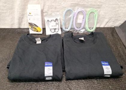 (1) Plozoe Auto Power Adapter, (1) 3-Pack Of USB C Cables, (1) 2-Pack Of Belt Key Holders & (2) Gildan Adult Long Sleeve Shirts, Black, Size 2XL<br/>