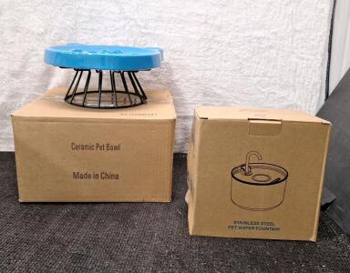 (1) Ceramic Cat Slow Feeder Bowl, (1) Stainless Steel Pet Water Fountain & (1) Box Of Assorted Amazon Overstock