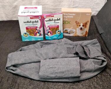 (1) Dog Slow Feeder Bowl, (1) Box Of (6) 9-Oz Packs Of Solid Gold Meal Or Topper For Dogs, Beef & Rice, Best By Nov 2025, (1) Dog Carry Sling & (1) Box Of Assorted Amazon Overstock