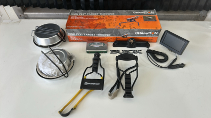 (1)High Fly Target Thrower (2)Slingshots (2)Outdoors Camping Cookware Set & More