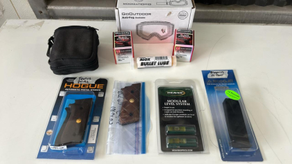 (2)Hornaday Black Power 36 Cal Lead Round Ball Bullets (1)GoOutdoor Anti-Fog Goggle (2)Hogue Pistol Handle Stocks & More