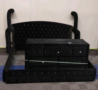 (Black) California King Size Felt Bedazzled Bed Frame & Matching 7-Drawer Felt Dresser