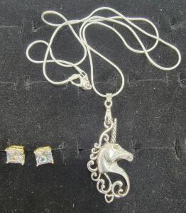 (1 pair) Sterling and CZ Earrings 4ct. No backs (1) Silver Tone Unicorn Necklace
