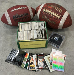(1) Autographed Buffalo Sabres Hocky Puck (2) Footballs (1) Box of Assorted Sports Cards