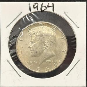 1964 Kennedy Half Dollar, 90% Silver, No Mint Mark, First Year of Issue