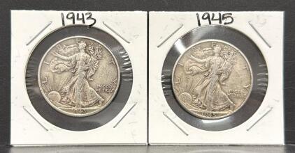 1943 & 1945 Walking Liberty Half Dollar Coins, US Mint, 90% Silver Composition