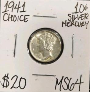 1941 MS64 Choice Silver Mercury Dime