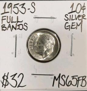 1953-S MS65FB Full Bands Gem Silver Dime