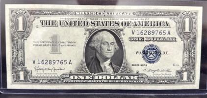 1957 B Series Silver Certificate One Dollar Bill, Serial V16289765A (Crisp)