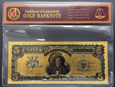 Gold-Plated $5 Replica Banknote, 99.9% 24k Gold, Serial GOLD 888899
