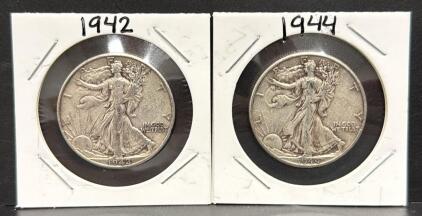 1942 & 1944 Walking Liberty Half Dollar Coins, Silver Composition