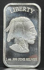 1 oz .999 Fine Silver Bullion Bar, Native American & Buffalo Design
