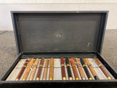 (13) Collectible Polished Wood Pens And Case