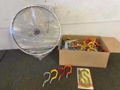 Box Of Utility Hooks And Various Hinges, And Rhyno Lite 22&rdquo; Wheel
