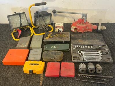 Tools Including Work Lights, Drum Pump, Gearwrench Socket & Wrench Set, Jacobs Drill Chucks, Drill Bits & More