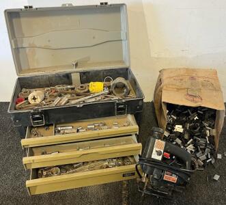 Toolbox W/ Hand Tools, Sockets & Wrenches, Skil Jigsaw & Steel Strapping Seals