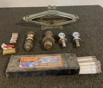Car Jack, (4) Ball Mount Hitches, Box Of Welding Electrodes