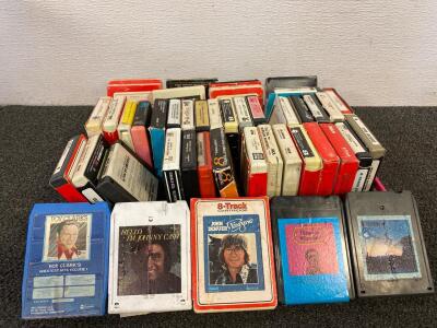 Box Of Vintage 8-Track Tapes, Including Barry Manilow, Nat King Cole, John Denver, Roy Clark, Johnny Cash, Elvis Presley, And More With (4) 8-Track Organizers