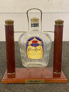 Vintage Wood And Brass Crown Royal Pouring Cradle With An Empty Crown Royal Bottle