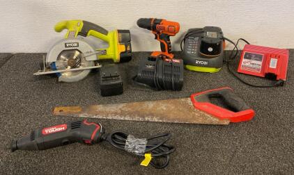 Ryobi Saw With Battery (Works), (2) Ryobi Battery Chargers And Extra Battery (Works), Rusted Craftsman Saw, Hyper Tough Rotary Tool (Works), Black And Decker Drill (No Battery), Milwaukee Battery Charger (Works)