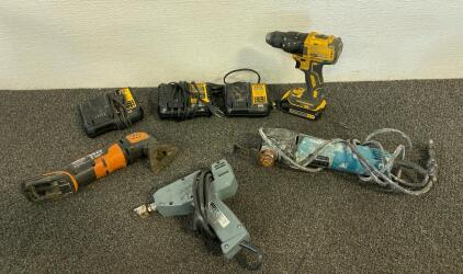 DeWalt Drill With Battery And 3 Battery Chargers (All Work), Makita Multitool (Works), WORX Oscillating Multitool Without Battery (Unable To Test), And More