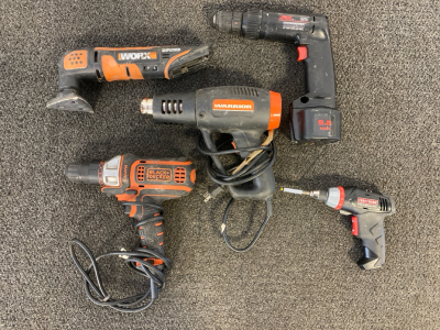 Black And Decker Drill (Works), Warrior Heat Gun (Works), Skill Drill (Works), WORX Oscillating Multi-Tool No Battery (Unable To Test), Craftsman Screwdriver (Works)
