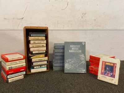 Box Of Vintage 8-Track Tapes Including Johnny Cash, Elvis Presley, And More Plus Wooden Holding