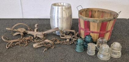 Vintage Foothold Traps, 15 Glass Insulator, 2 1/4 Gal Mini Keg