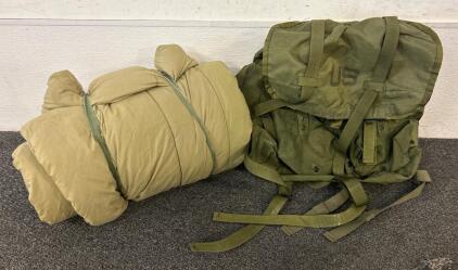 (1) US Army Medium Combat Field Pack And (1) US Mountain Large Sleeping Bag