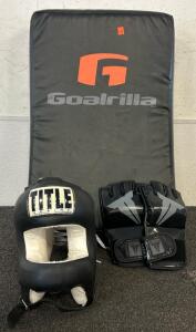 (1) Goalrilla Blocking Dummy, (1) Pair Of Throwdown MMA Gloves, And (1) Boxing Gear Helmet