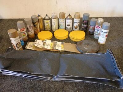 (15) Cans Of Half Used Spray Paint In A Variety Of Colors, (140) 6" Fast Grip Abrasive Sanding Discs, 1" X 8" Grinding Wheel, A Variety Of Multipurpose Sanding Sheets And Much Much More