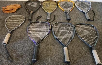 (4) 22" Racket Ball Racket, (3) 21" Racket Ball Racket (1) 19 1/2" Racket Ball Racket, Rawlings Youth Right Handed Baseball Glove