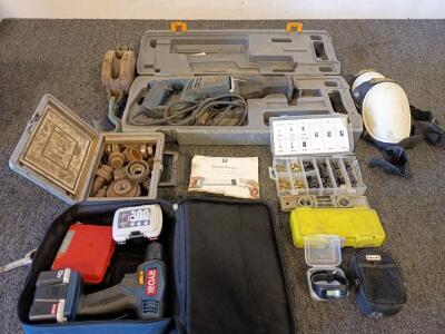 Ryobi Reciprocating Saw Corded (Tested And Works) , Ryobi 12v Cordless Drill w/ 2 Batteries, Contractor's Knee Pads, Panasonic Digital Step Counter, Square Reader (New In Package), And Much Much More