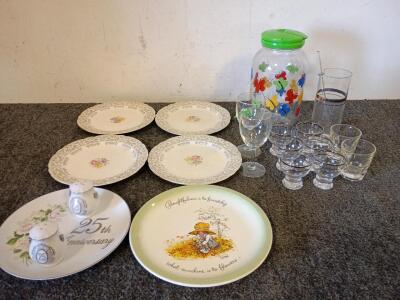 Kitchenware, (4) Decorative Floral Plates, 25th Anniversary Plate And Salt And Pepper Shaker, (2) Wine Glasses, (6) Champagne Glasses, (2) Rocks Glasses And More