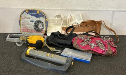 (1) Premium Tire Chain, Purses, (1) Orbit Oscillating Sprinkler, And More