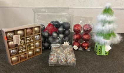Various Christmas Ordaments In Different Colors And Sizes, And (4) Franklin Badmiton Rackets And (1) Kodak Carousel Transvue 140 Slide Tray (Turns On)