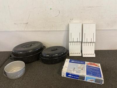 (2) Different Sized Oven Rosters, Glacier Bay Chrome Kitchen Faucet, (2) Vintage Cutco 5-Piece Knife Holders