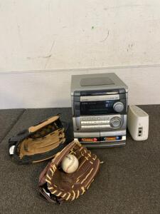 Aiwa 3Disc CD Dual Cassette AM/FM Stereo System, Vivint Home Security System, Rawlings And Franklin Baseball Mitts And Ball