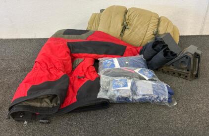 (1) Pacific Trail Coat Size Large, (1) Sleeping Bag, (2) Rubber Wedges, And More