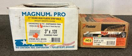 (1) Box Of Magnum Pro 21 Round Head Plastic Strip Nails And (1) Box Of Paslode RoundDrive 30 Full Head Hot Dilped Galvanized Plus