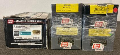 (1) Box Of Grip Rite Collated Roofing Nails, (1) Box Of Grip Rite Coated Sinker 6D 1-7/8&rdquo; Nails, (1) Box Of Grip Rite Brught Box 8D 2-1/2&rdquo; Nails,(1) Box Of Grip Rite Coated Sinker 6D 1-7/8&rdquo; Nails And (1) Box Of Grip Rite Bright Box 8D 2-1/2&rdquo; Nails