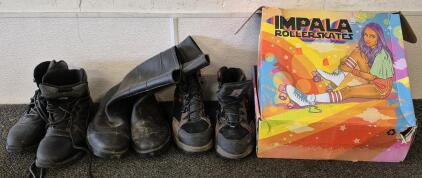 (3) Men's Steel Toe Boots (Sizes 8,9,12) Impala RollerSkates (Size 7)
