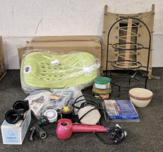 Vintage Trapper Nelson Indian Pack Board, 2 Foldable Baby Washing Beds(New), Craftsman Sander(Works), Automatic Electric Water Pipe Heating Cable, Curling Iron(Works) And More!