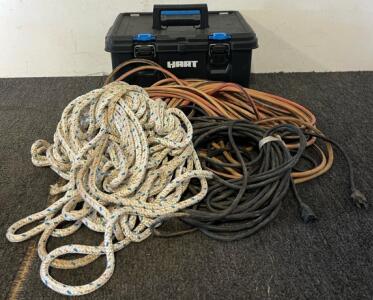 (2) Extention Cords, Hart Toolbox & Braided Rope