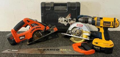 Tools Including Black & Decker Firestorm 14.4 Volt Cordless Circular Saw, Ryobi 18V ONE+ 5-1/2 inch Cordless Circular Saw, DEWALT 18V XRP 1/2" Hammer Drill/Driver, Socke Set & Hand Saw