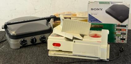 Cuisinart Griddler, Sony Blu-Ray Disk / DVD Player, Seal-a-meal II & Vintage Rival Delicatessen Fold Away Electric Food Slicer